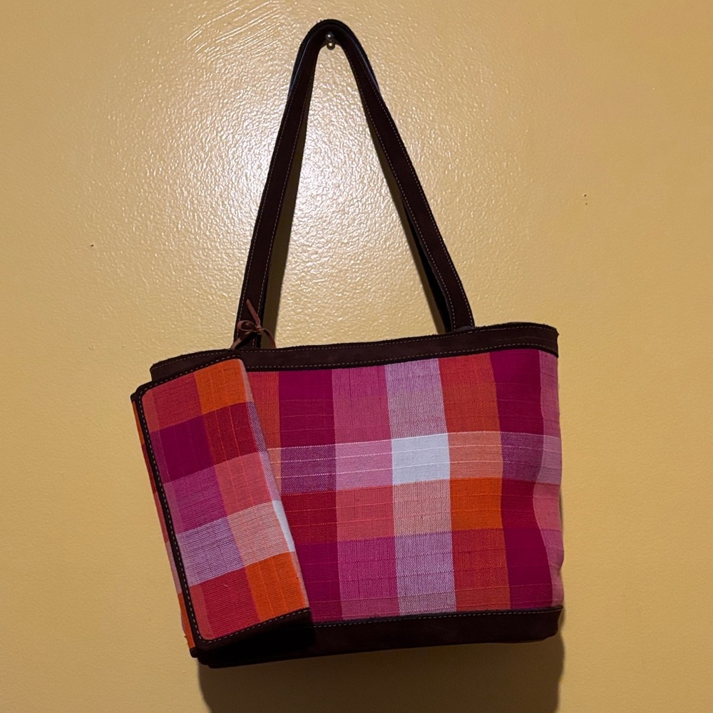 Hand stitched South American bag Vibrant Plaid Tote Bag with Pouch